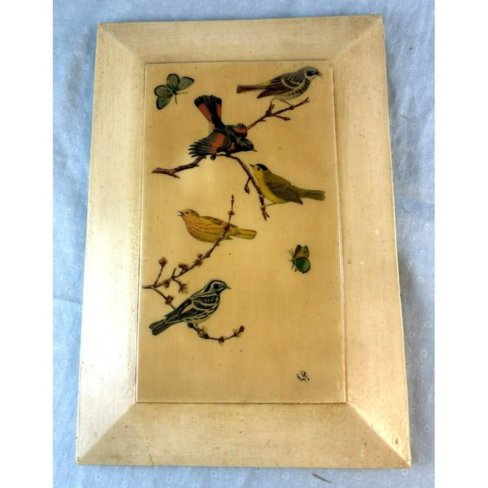 Vtg Birds & Butterflies Painting Wood Panel Glossy Finish Folk Art Signed 12x8"
